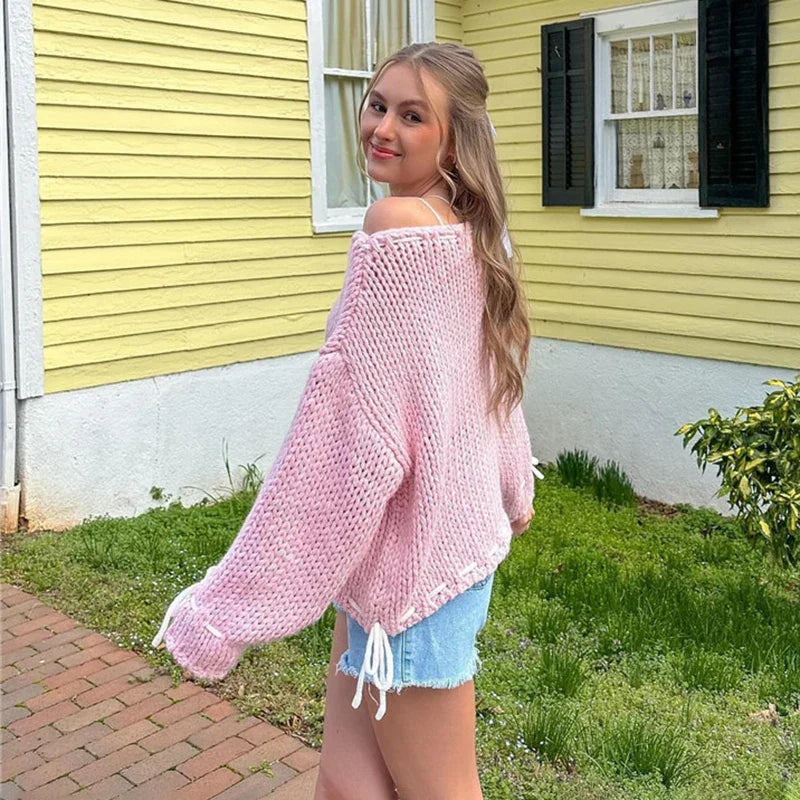 Pydshop Contrast Color Knitted Pullover Sweater Top For Women Drawstring Loose Long Sleeve Splice Autumn Winter Fashion Sweater