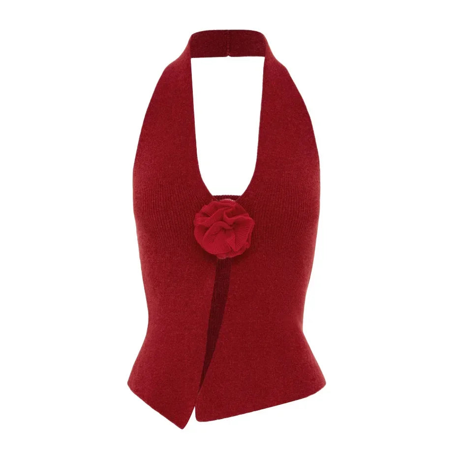 Pydshop Halter Neck Sleeveless 3D Flower Solid Crop Top