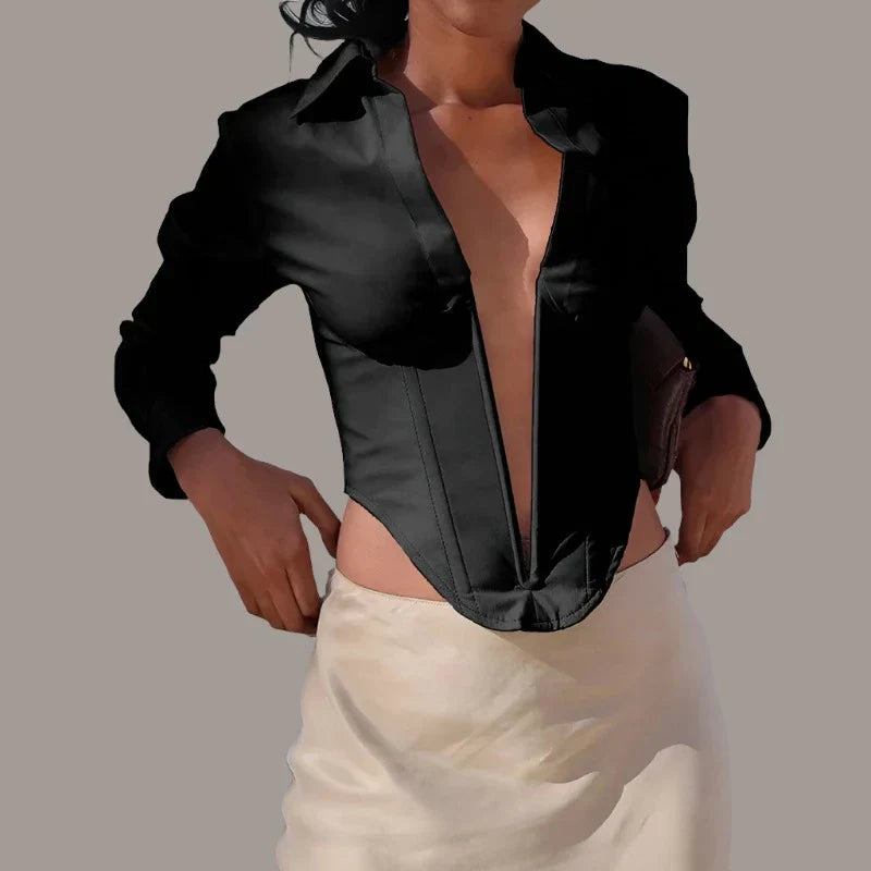 Pydshop Deep V Neck Cover-up Turn Collar Solid Crop Top