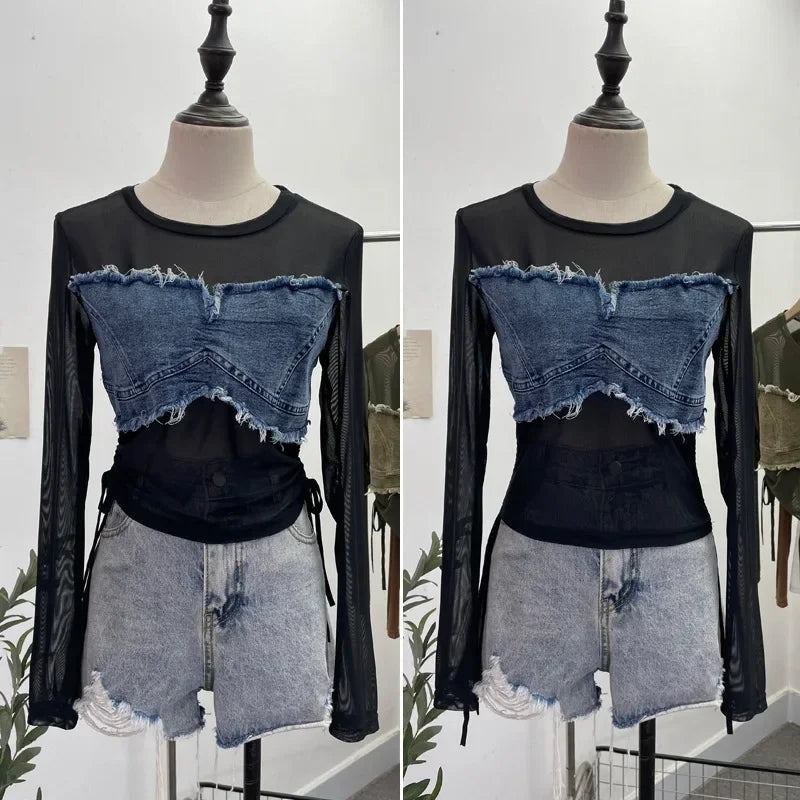 Pydshop Hot Girl American Retro Denim Mesh Patchwork Top Sexy See Through Drawstring Long Sleeve Short T-shirt Party Casual Streetwear