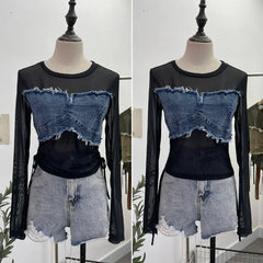 Pydshop Hot Girl American Retro Denim Mesh Patchwork Top Sexy See Through Drawstring Long Sleeve Short T-shirt Party Casual Streetwear
