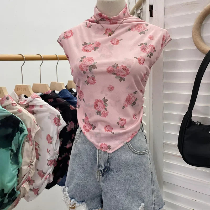Pydshop Women's Retro Tie Dye Printed Mesh Short Sleeve T-Shirt Chic Sexy Folded Irregular Hot Girl Navel-Baring Vest Top 8721 Outfits