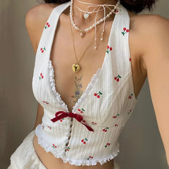 Pydshop Floral Knit Halter White Crop Top