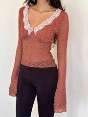 Pydshop Women  Spring Fall Lace Top Mesh See Through Long Sleeve Crop Tops Sexy Sheer Deep V Neck Floral Lace Shirt Blouse Y2K Fairy
