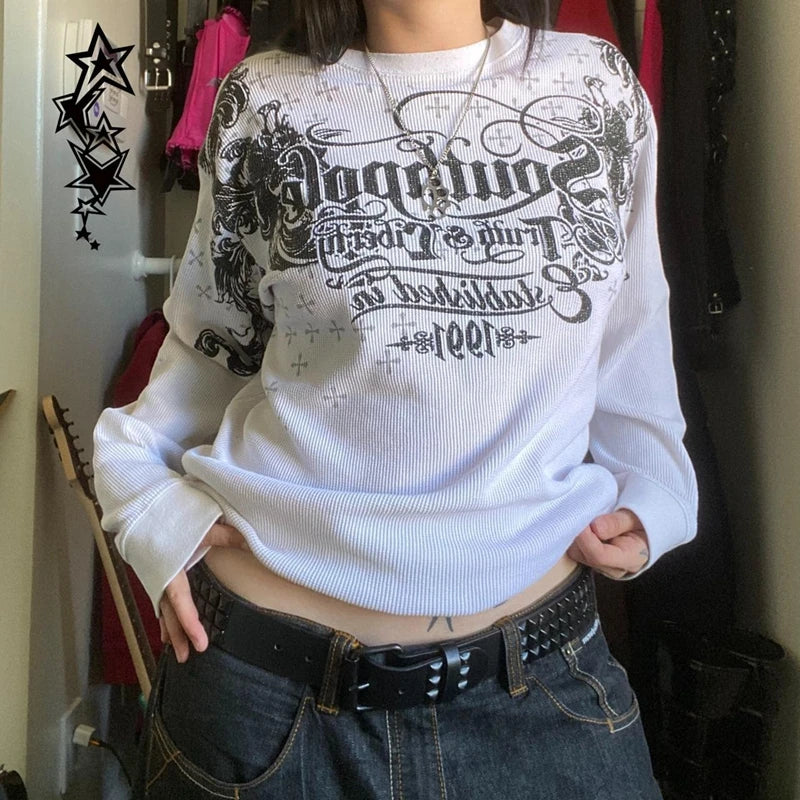 Pydshop Graphic Print O Neck Long Sleeve Oversized T-shirt 00s Vintage Emo Baggy Tops Y2K Cyber Grunge Clothes Harajuku Streetwear