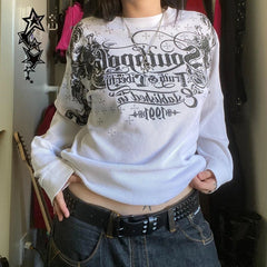 Pydshop Graphic Print O Neck Long Sleeve Oversized T-shirt 00s Vintage Emo Baggy Tops Y2K Cyber Grunge Clothes Harajuku Streetwear