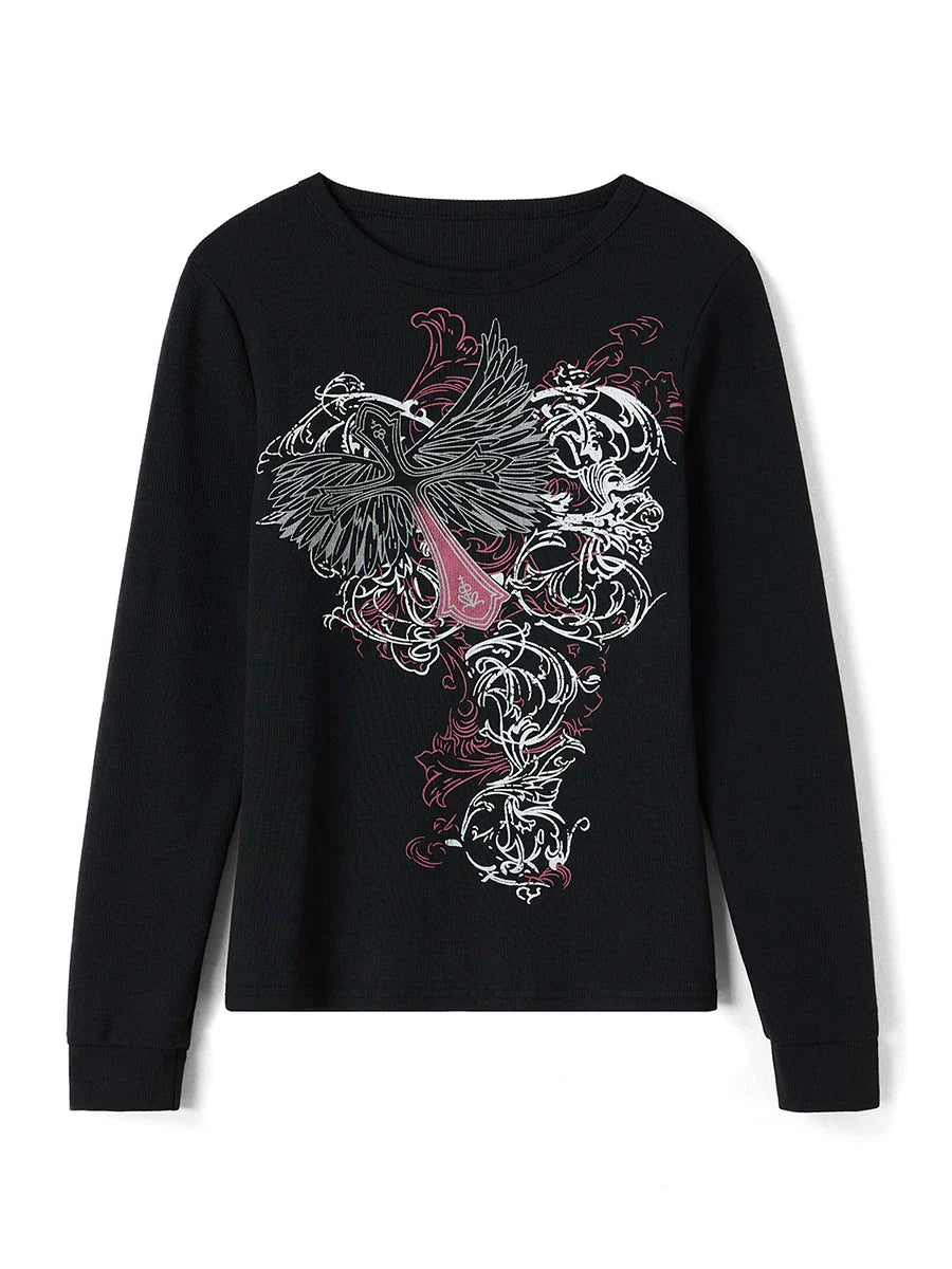 Pydshop Fairy Grunge T-Shirt Y2k Vintage Graphic Print Crop Top Knit Ribbed Retro Slim Gothic Punk Bluse Tee Top Streetwear