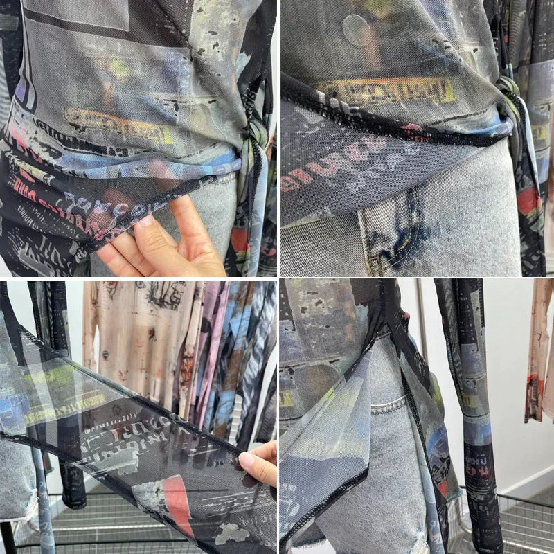 Pydshop Women's Retro Tie Dye Printed Mesh Bottoming Long Sleeve Top Sexy See-through Irregular Strappy Short T-Shirt Party Streetwear