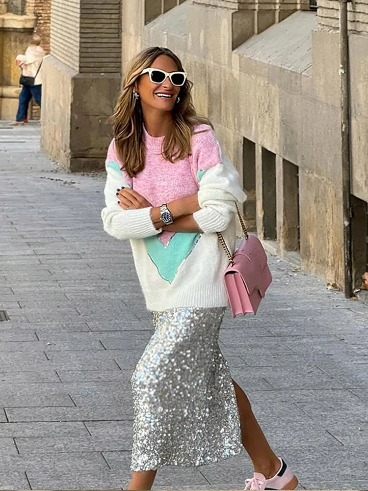 Pydshop 2024 Contrast Color Sequins Spliced Sweater Top Women's Sparkling Long Sleeve Knitted Pullover Female Warm Street Party Knitwear