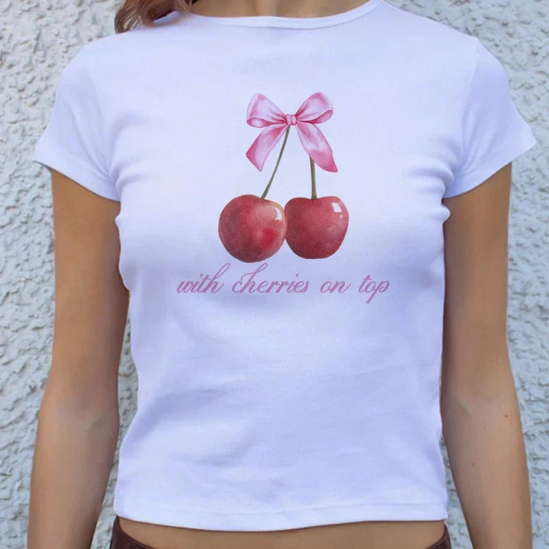 Pydshop Kawaii Sweet Cute Print Crop Tops Korean Aesthetic 00s Retro Baby Tees Chic Short Sleeve Slim T-shirt Women Y2K Vintage Clothes