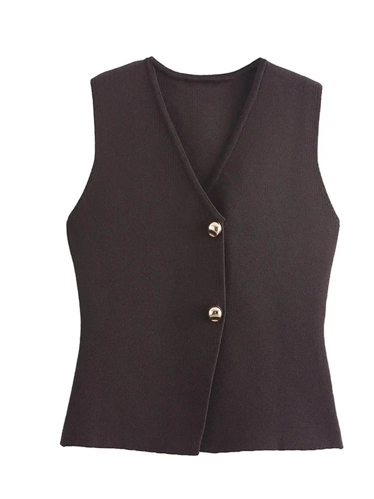 Pydshop Gold Buttons Knitted Tank Top For Women Fashion Solid Sleeveless Slim Fit Knitting Vest Cardigan Autumn New High Street Knitwear