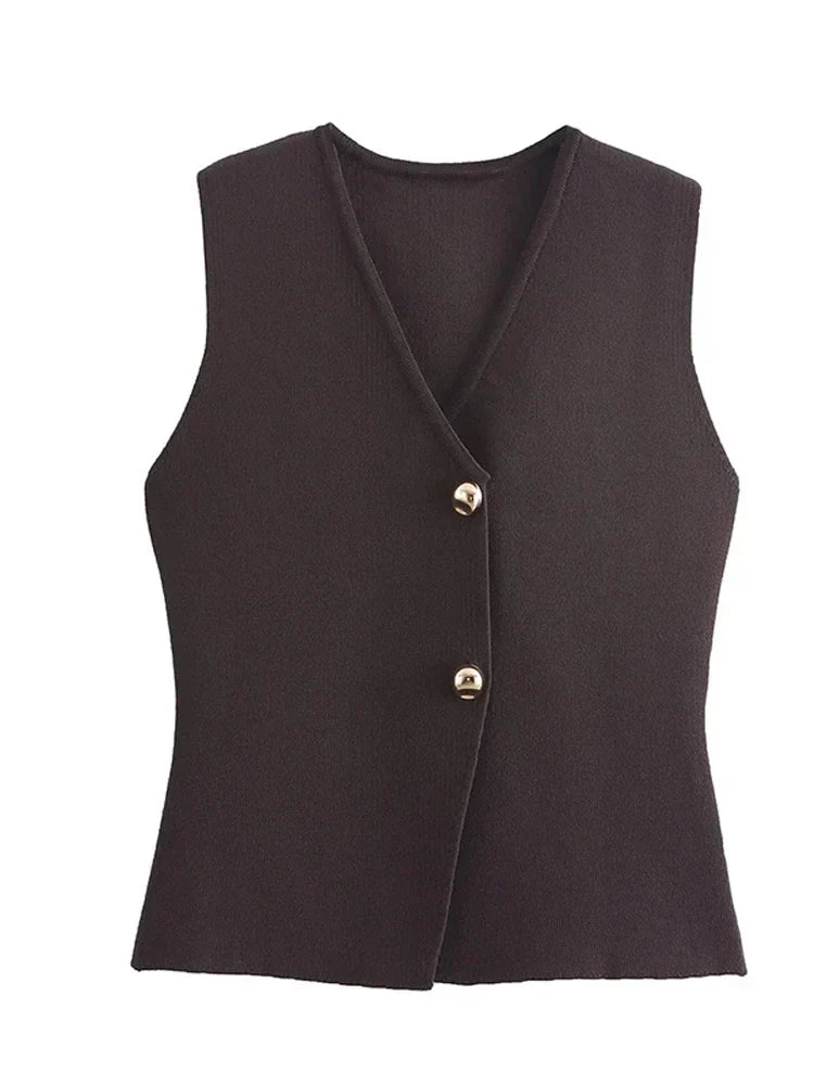 Pydshop Gold Buttons Knitted Tank Top For Women Fashion Solid Sleeveless Slim Fit Knitting Vest Cardigan Autumn New High Street Knitwear