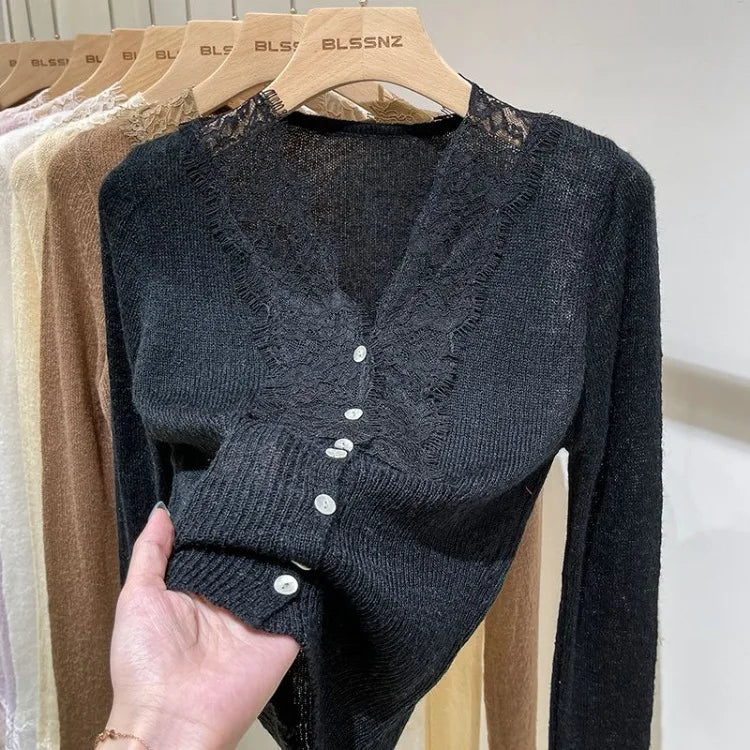 Pydshop Sexy White V-neck Lace Knitted Tops Women 2024 Spring Autumn New Bottoming Cardigan Y2k Slim Fit Long Sleeve Sweaters Mujer