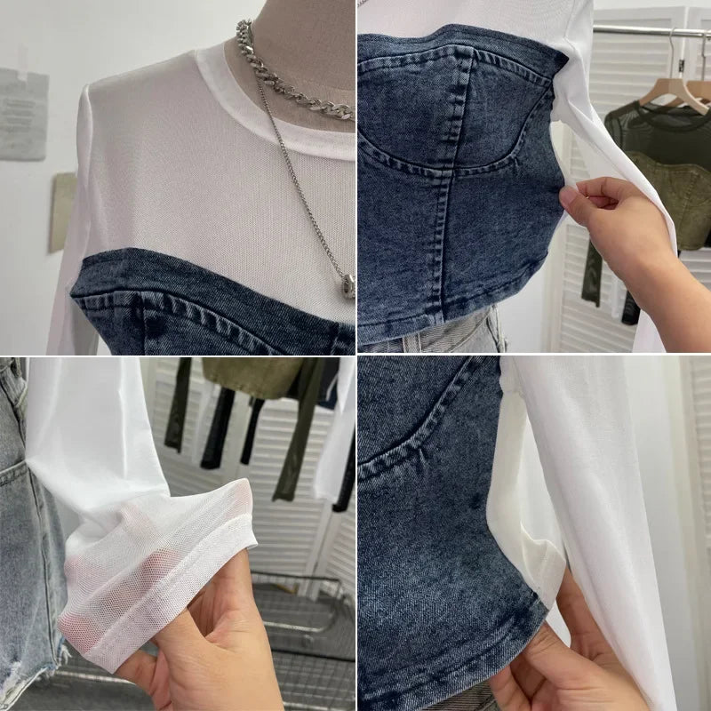 Pydshop Women Street Fake Two Piece Denim Splicing Mesh Long Sleeve Slim Fit Crop Top Y2K Top Casual Holiday PartyClub Streetwear 2623