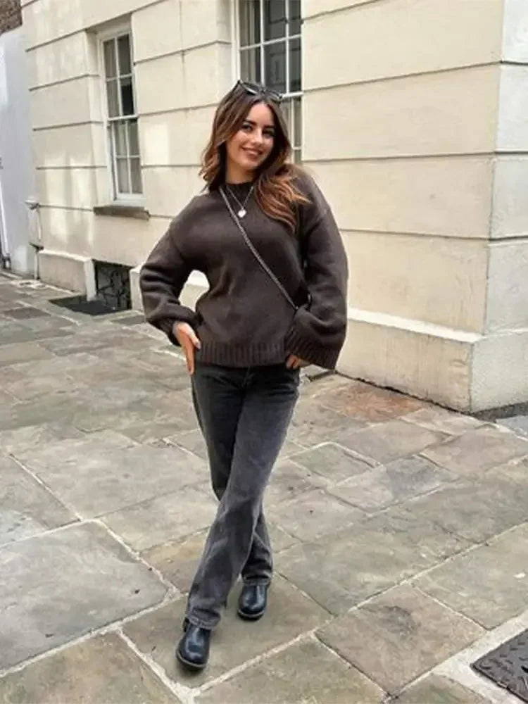 Pydshop Fashion Women's Solid Loose Knit Pullover Casual Round Neck Full Sleeves Sweater Autumn 2024 Chic Lady Commute Street Jumper Top