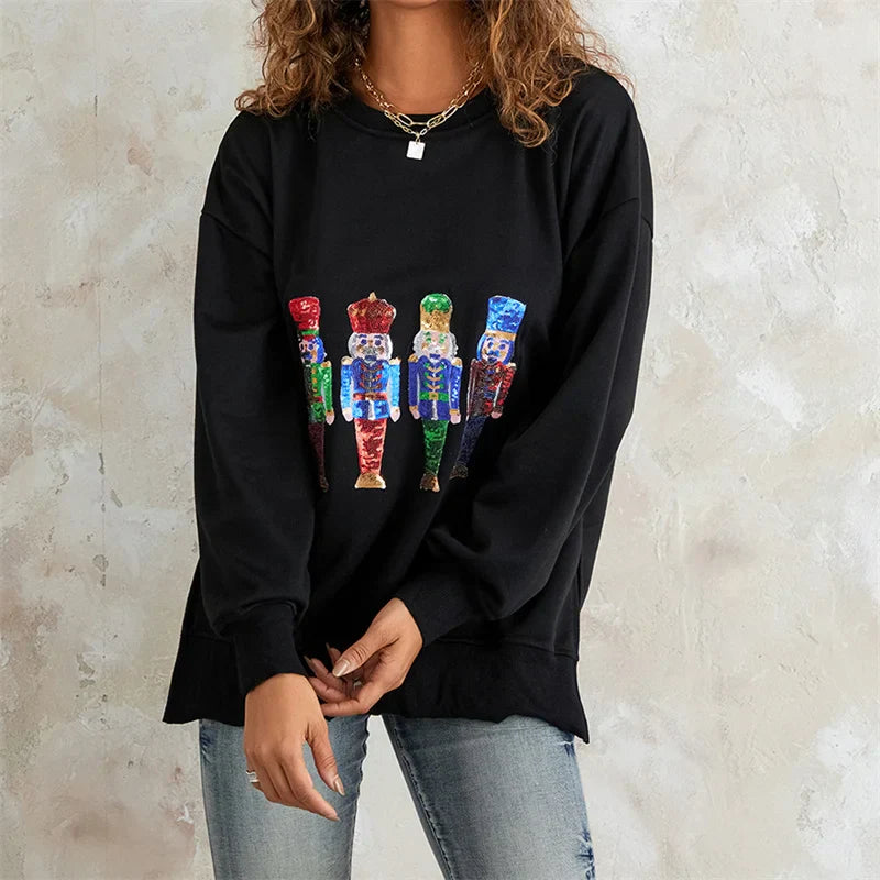 Pydshop Christmas Sequin Sweatshirt Funny Holiday Graphic Sweater Tops Print Crew Neck Long Sleeve Sweatshirts Women Party Clubwear