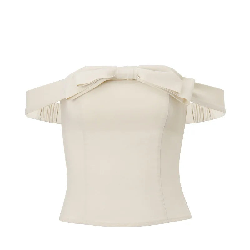 Pydshop Apricot Open-Shoulder Bow Lace Up Top