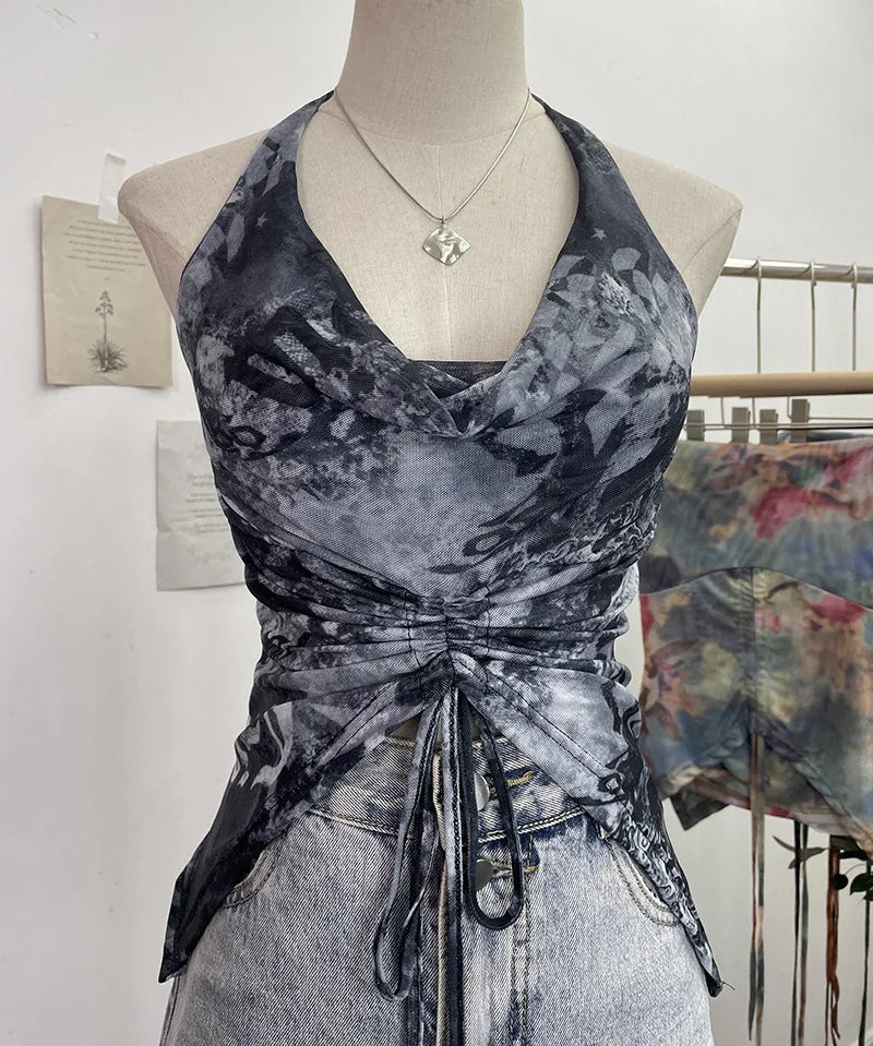 Pydshop Women's Resort Swing Collar Drawstring Strap Halter Vest Tie-Dye Mesh Top Sexy Backless Irregular Vest Party Leisure Essential