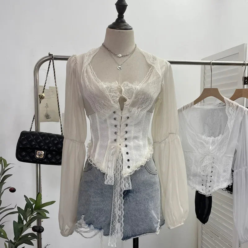 Pydshop Women Retro Lace Up Hollow Out Long Sleeve Top Sexy Slim Fitting Tie Waist Fishbone Shirt Y2K Palace Style Partyclub Streetwear
