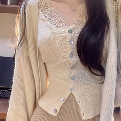 Pydshop Sexy White V-neck Lace Knitted Tops Women 2024 Spring Autumn New Bottoming Cardigan Y2k Slim Fit Long Sleeve Sweaters Mujer