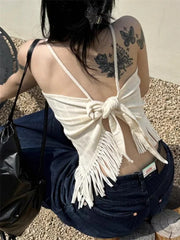 Pydshop Korean Sexy Backless Lace Up Camisole Tops Y2k E-Girl Slim Fit Tassel Tank Top 2024 Summer New Straight Black Vest for Women