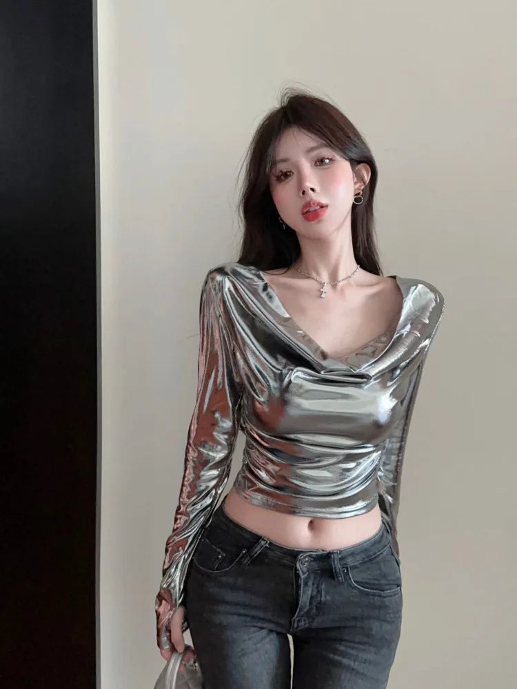 Pydshop Fashion Swing Neck Silver Long Sleeved Tops Mujer 2024 Spring Autumn New T-shirt for Women Y2k Slim Fit  Sleeve Tee Shirt