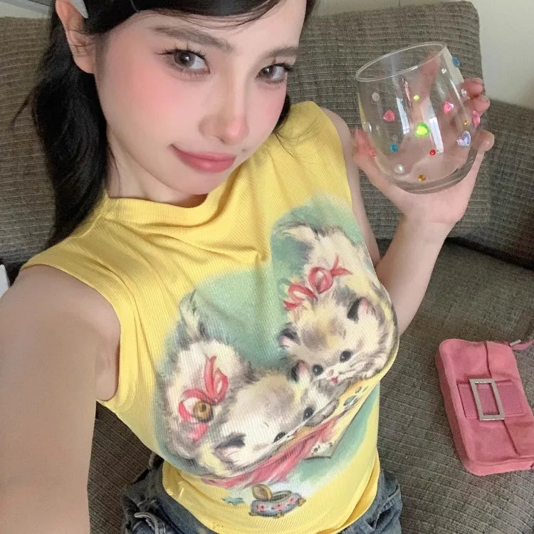 Pydshop Cute Cat Short Sleeve Print Vest for Women 2024 Summer New Slim Fit Sexy Tank Top Y2k E-Girl O-neck Sleeveless Tops Mujer