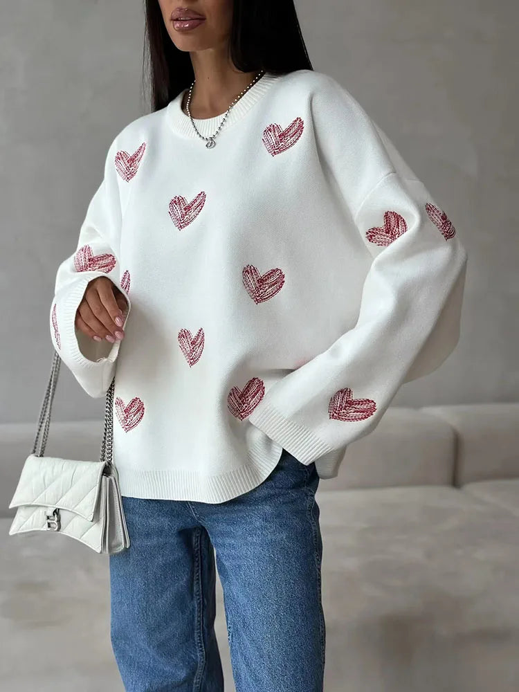 Pydshop Casual Heart Print Sweater Pullovers For Women Long Sleeve O Neck Fashion Loose Kniited Top Autumn Winter 2024 Streetwear