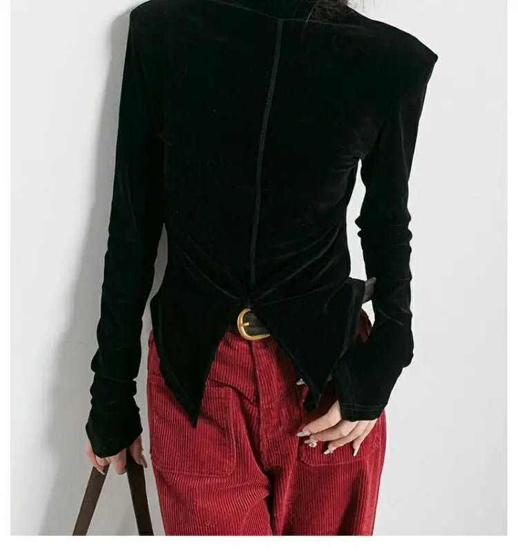 Pydshop Front Side-slit Solid Color Soft Long Sleeve Top