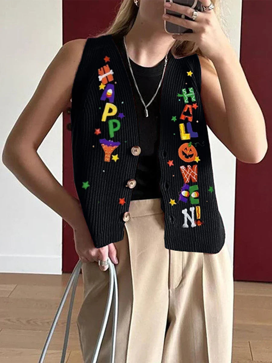 Pydshop Halloween Sweater Vest for Women Vintage Embroidered Pumpkin Face Button Crochet Tank Y2K Spooky Knit Vest Tops