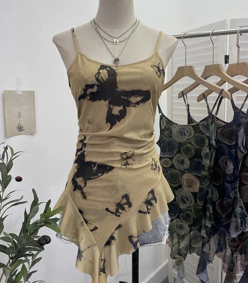 Pydshop Sexy Hot Girl Mesh Printed Camisole Slim Fit Irregular Ribbon Ruffled Sleeveless Top Ruffled Vest Party Essential Club Streewear