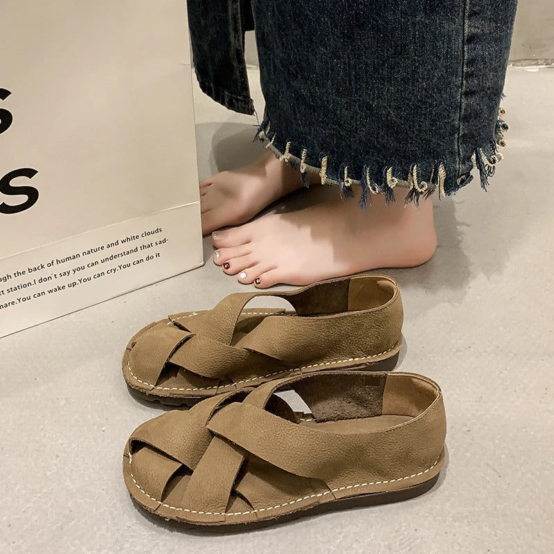 Pydshop 2024 Hot SummerNew Women's Outdoor Indoor Sandals Top Layer Cowhide Handmade Woven Women Casual Flat Bottomed Beach Woman Shoes