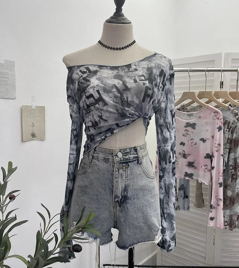Pydshop Women's Vintage Tie Dye Print Long Sleeve T-Shirt Hot Girl Sexy See Through Mesh Bottoming Short Crop Top 2612 Party Essential