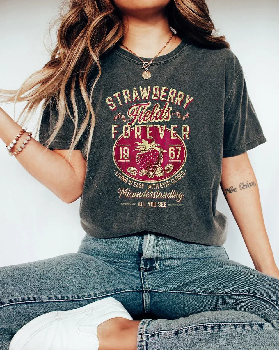 Pydshop Beatle Strawberry Fields Rock Band Tee Old School Short Sleeve Band Shirt Loose Casual Apparel Y2K Top Daily Trendy Streetwear