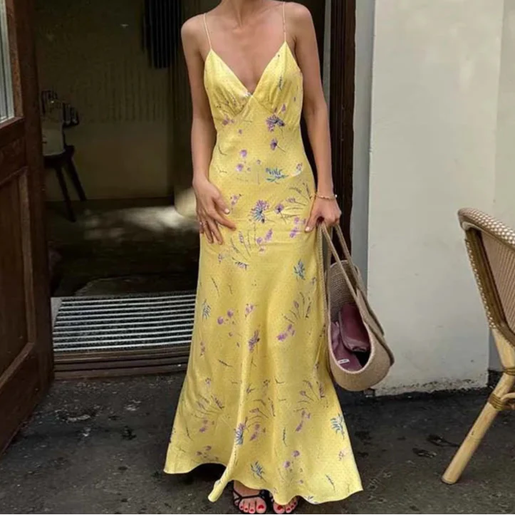 Yellow Print Elegant Spaghetti Strap Dress