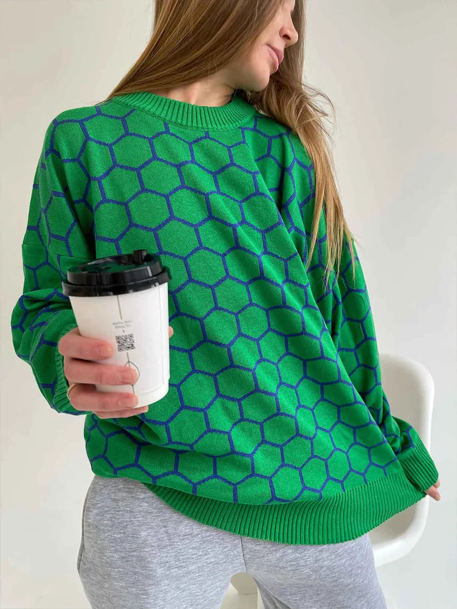 Pydshop Autumn New Pullover Sweater Women's Retro Plaid Print Loose Casual Knitted Top  Long Sleeve Round Neck Female Fashion
