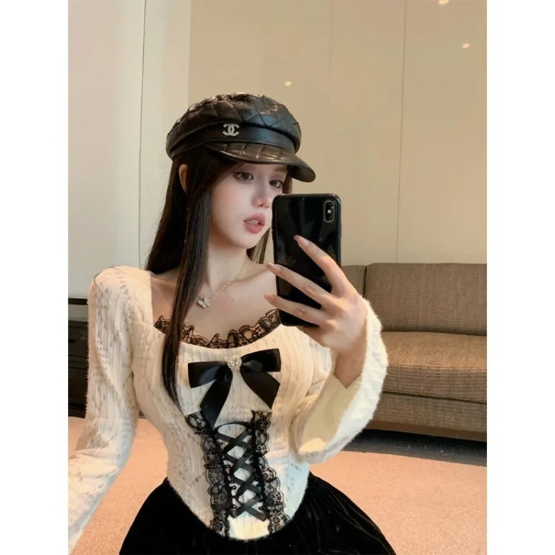 Pydshop Elegant Square Collar Bow Lace Tops Mujer 2024 Early Qutumn New T-shirt for Women Y2k E-Girl Slim Fit Long Sleeve Pullover
