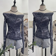 Pydshop Women's Retro One Shoulder Tie Dye Print Mesh Long Sleeve Top Irregular Pleated Slim T-shirt Blouse PartyClub Wear Streetwear