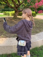 Pydshop Korean Retro Plaid Drawstring Hoodie Button Tops Women 2024 Autumn New Loose Blouses Y2k Grunge Long Sleeve Blusas Mujer Shirt