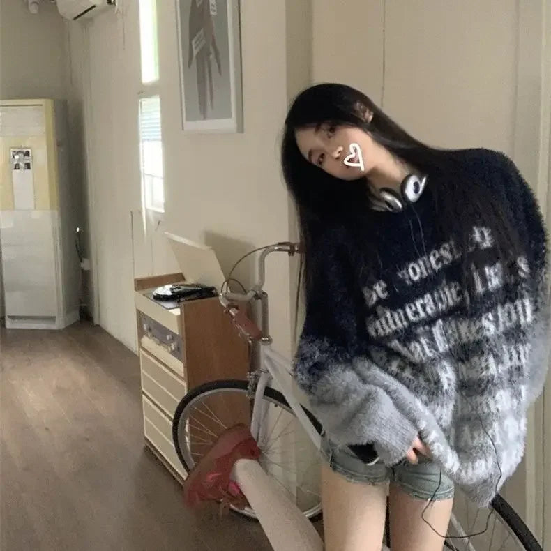 Pydshop  -  Gradient Sueter Mujer Women Autumn Letter Long Sleeve Top Oversized Sweater Women Jumper Casual Outfit Korean Y2k Clothes