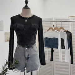 Pydshop Women Street Fake Two Piece Denim Splicing Mesh Long Sleeve Slim Fit Crop Top Y2K Top Casual Holiday PartyClub Streetwear 2623