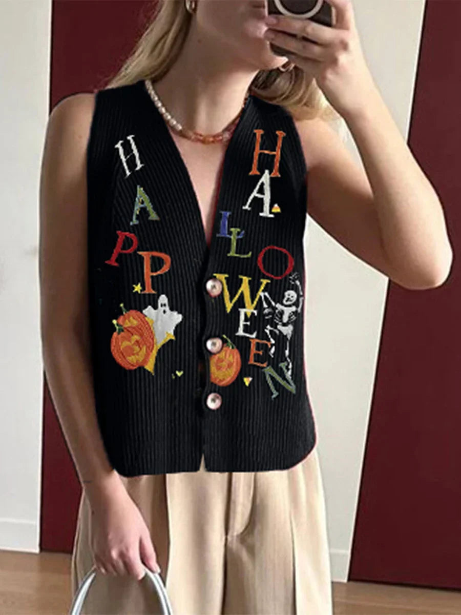 Pydshop Halloween Sweater Vest for Women Vintage Embroidered Pumpkin Face Button Crochet Tank Y2K Spooky Knit Vest Tops