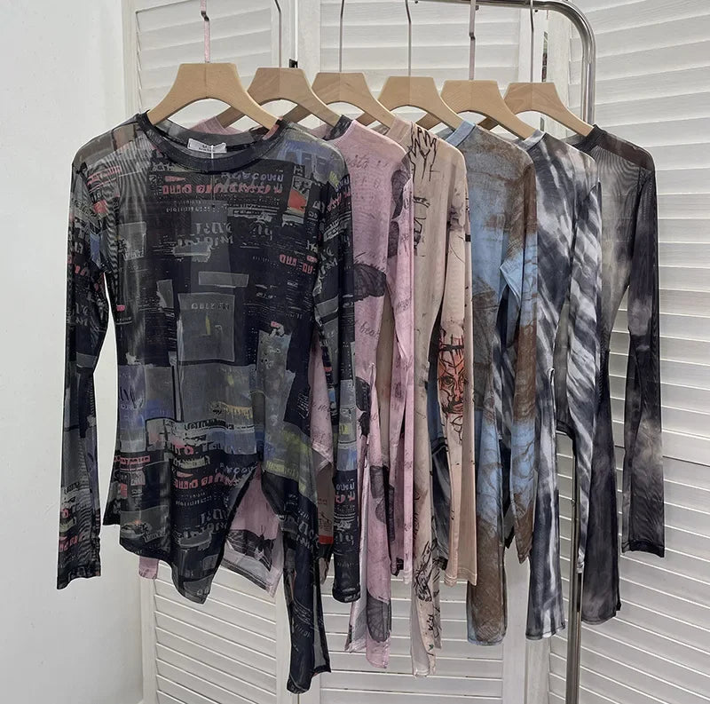 Pydshop Women's Retro Tie Dye Printed Mesh Bottoming Long Sleeve Top Sexy See-through Irregular Strappy Short T-Shirt Party Streetwear