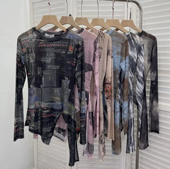 Pydshop Women's Retro Tie Dye Printed Mesh Bottoming Long Sleeve Top Sexy See-through Irregular Strappy Short T-Shirt Party Streetwear