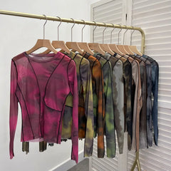 Pydshop Retro Smudged Print Sexy See Through Mesh Bottoming Shirt Slim Long Sleeved Top Y2K T-shirt Party Leisure Essential Streetwear