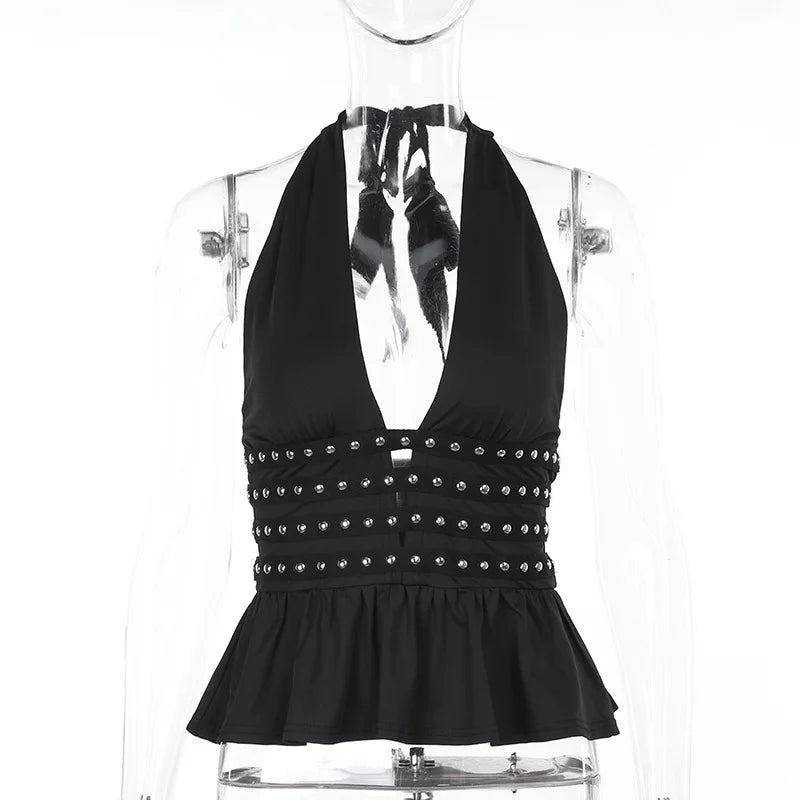 Pydshop Beading Deep V Halter Neck Open Back Crop Top