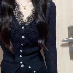 Pydshop Sexy White V-neck Lace Knitted Tops Women 2024 Spring Autumn New Bottoming Cardigan Y2k Slim Fit Long Sleeve Sweaters Mujer