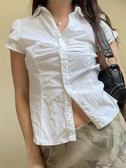 Pydshop Women's Basic Button Down Shirts Cap Sleeve Lapel Collar Tight Blouse Tie Up Back Slim Fit Tops Summer Y2k Coquette Shirts