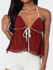 Pydshop Women Sexy Halter Tie-up Vest Tops Y2k Texture Ruffle Patchwork Sleeveless Backless Open Front Tie-up Split Camisoles Streetwear