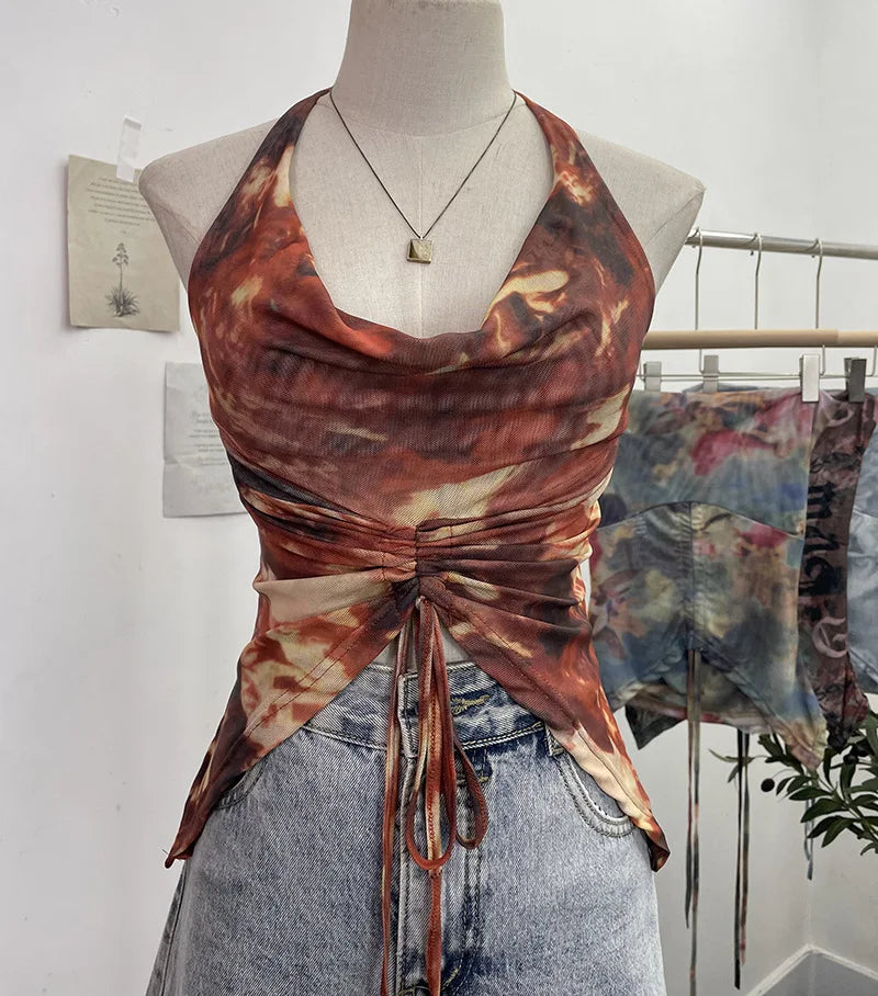 Pydshop Women's Resort Swing Collar Drawstring Strap Halter Vest Tie-Dye Mesh Top Sexy Backless Irregular Vest Party Leisure Essential